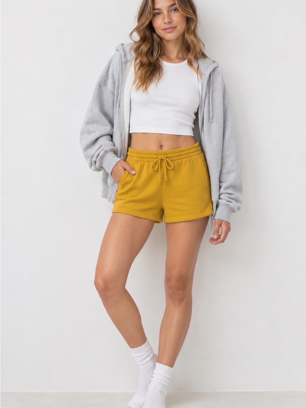TNA Cozy Fleece Mustard Yellow Sweatshorts Size M Drawstring 4.5”